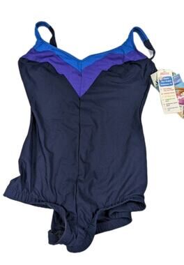 Sears Slim Allure One Piece Swimsuit Bathing Suit Size 16 Black Blue Purple